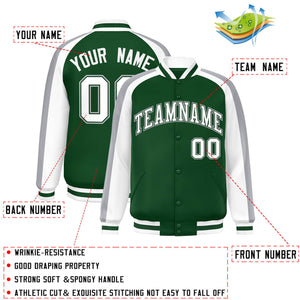 Custom Green White Varsity Full-Snap Color Block Personalized Raglan Sleeves Letterman Jacket