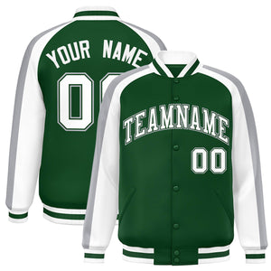 Custom Green White Varsity Full-Snap Color Block Personalized Raglan Sleeves Letterman Jacket