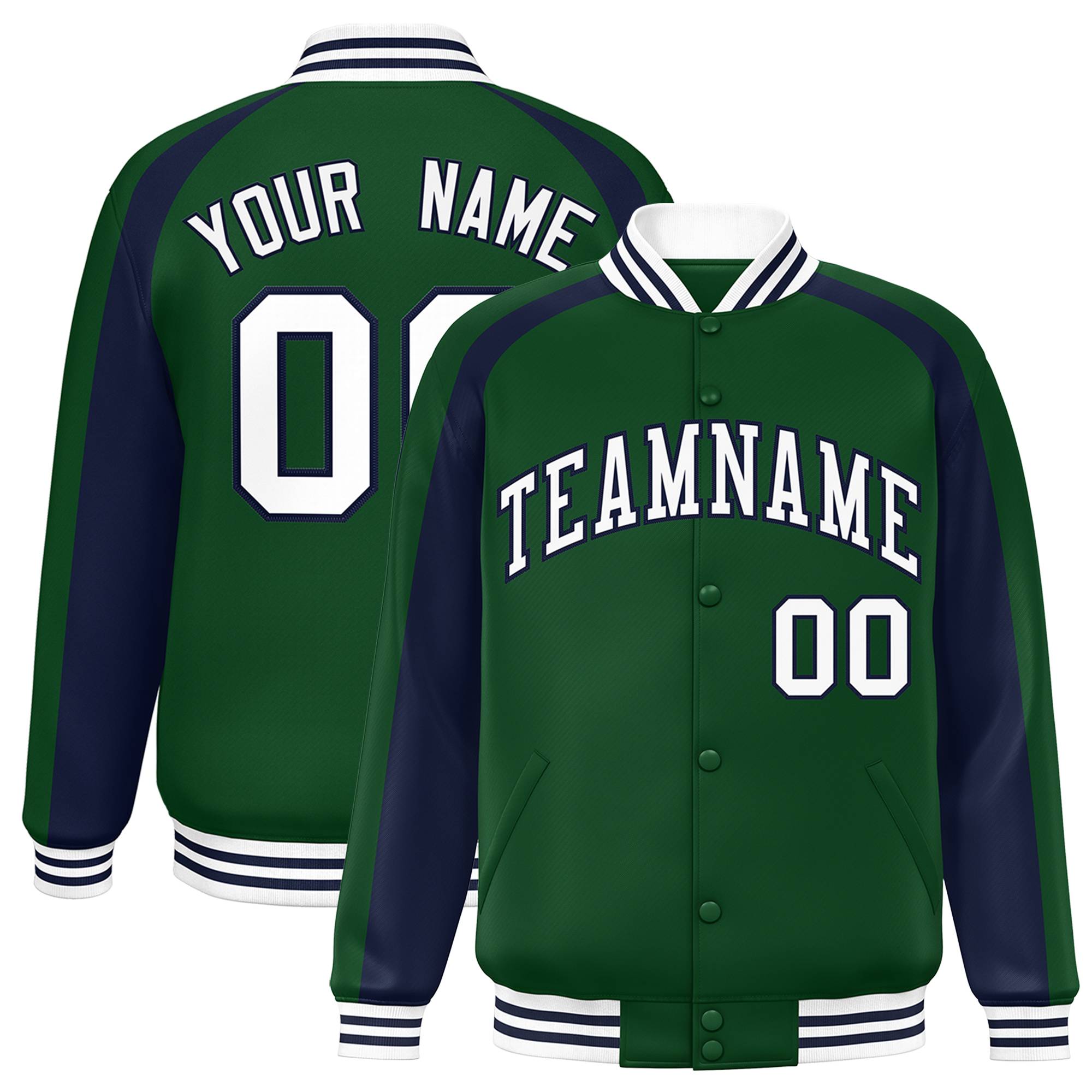 Custom Green Navy Varsity Full-Snap Color Block Personalized Raglan Sleeves Letterman Jacket