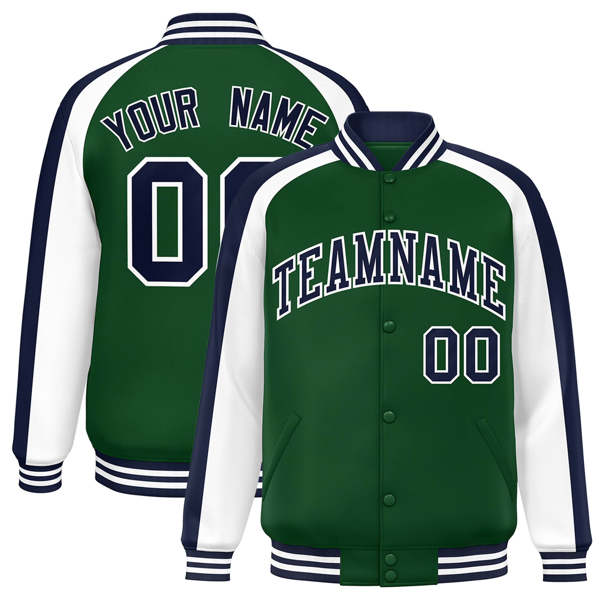 Custom Green White Varsity Full-Snap Color Block Personalized Raglan Sleeves Letterman Jacket