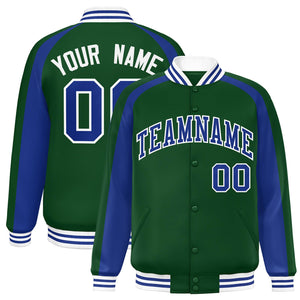 Custom Green Royal Varsity Full-Snap Color Block Personalized Raglan Sleeves Letterman Jacket