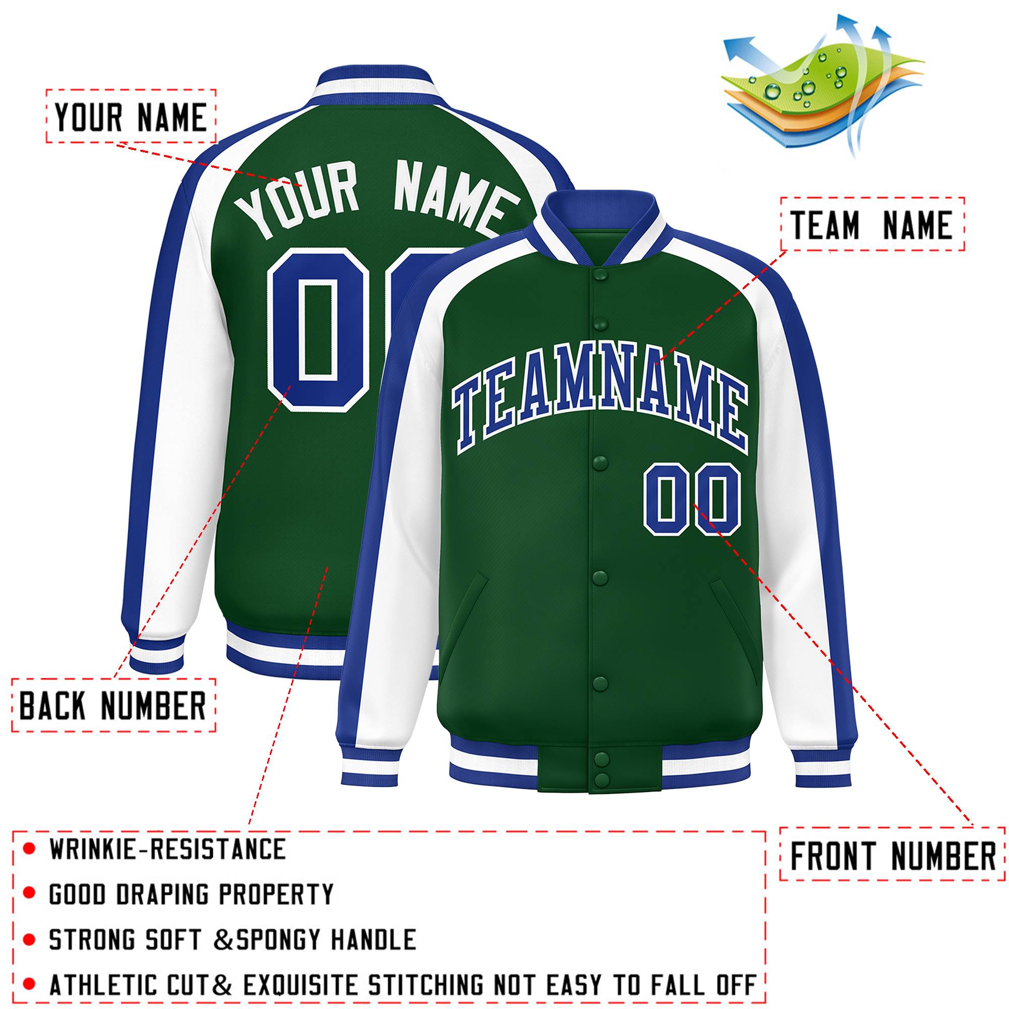 Custom Green White Varsity Full-Snap Color Block Personalized Raglan Sleeves Letterman Jacket