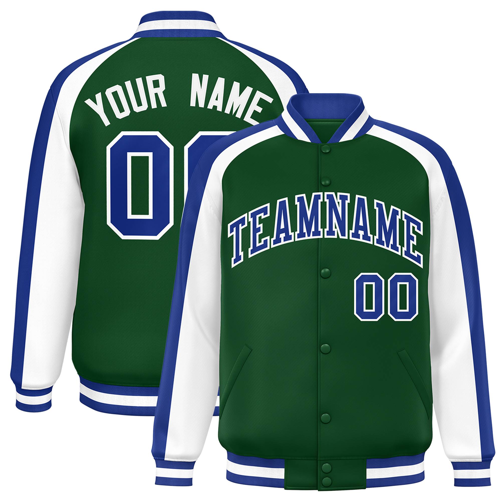 Custom Green White Varsity Full-Snap Color Block Personalized Raglan Sleeves Letterman Jacket