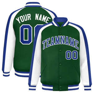 Custom Green White Varsity Full-Snap Color Block Personalized Raglan Sleeves Letterman Jacket