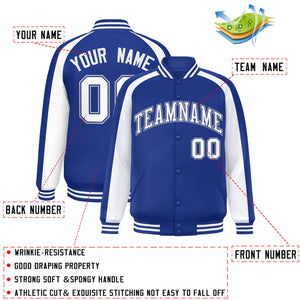 Custom Royal White Varsity Full-Snap Color Block Personalized Raglan Sleeves Letterman Jacket