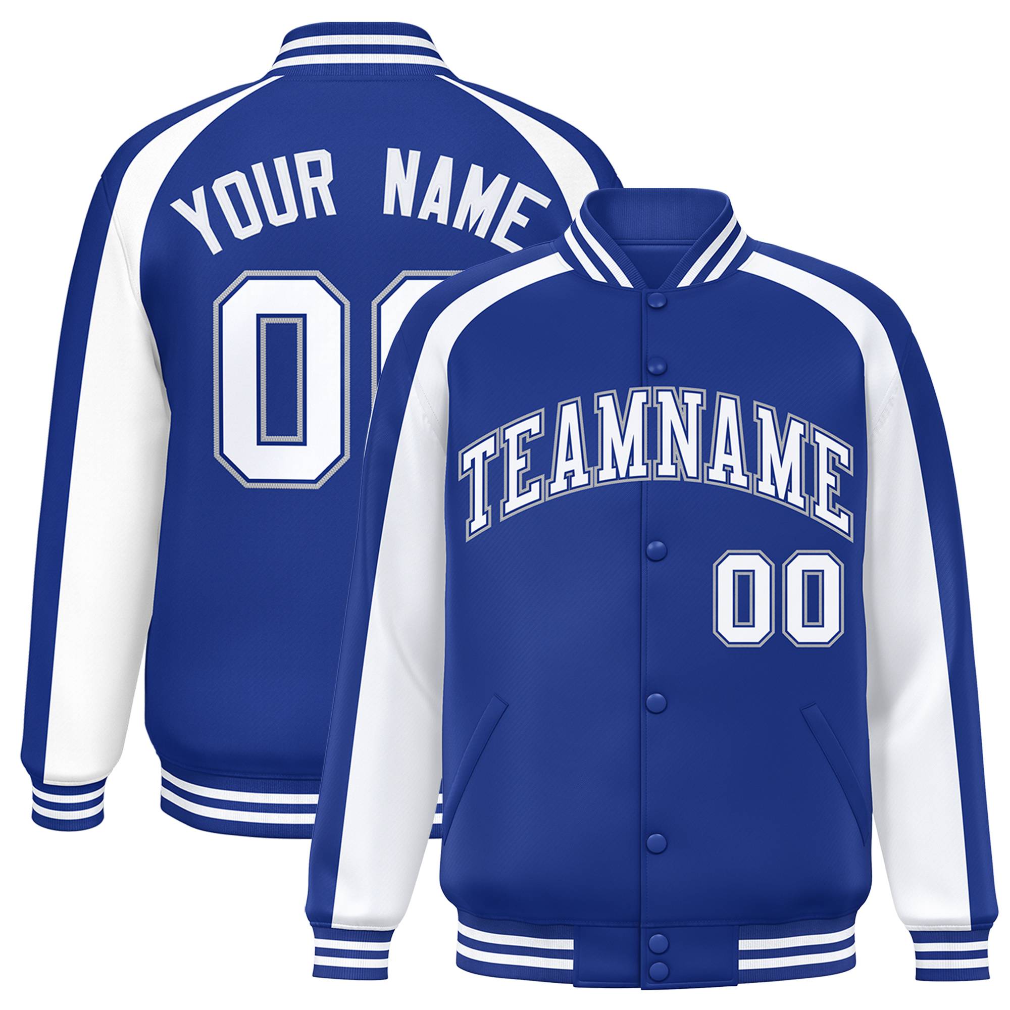 Custom Royal White Varsity Full-Snap Color Block Personalized Raglan Sleeves Letterman Jacket