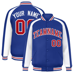 Custom Royal White Varsity Full-Snap Color Block Personalized Raglan Sleeves Letterman Jacket