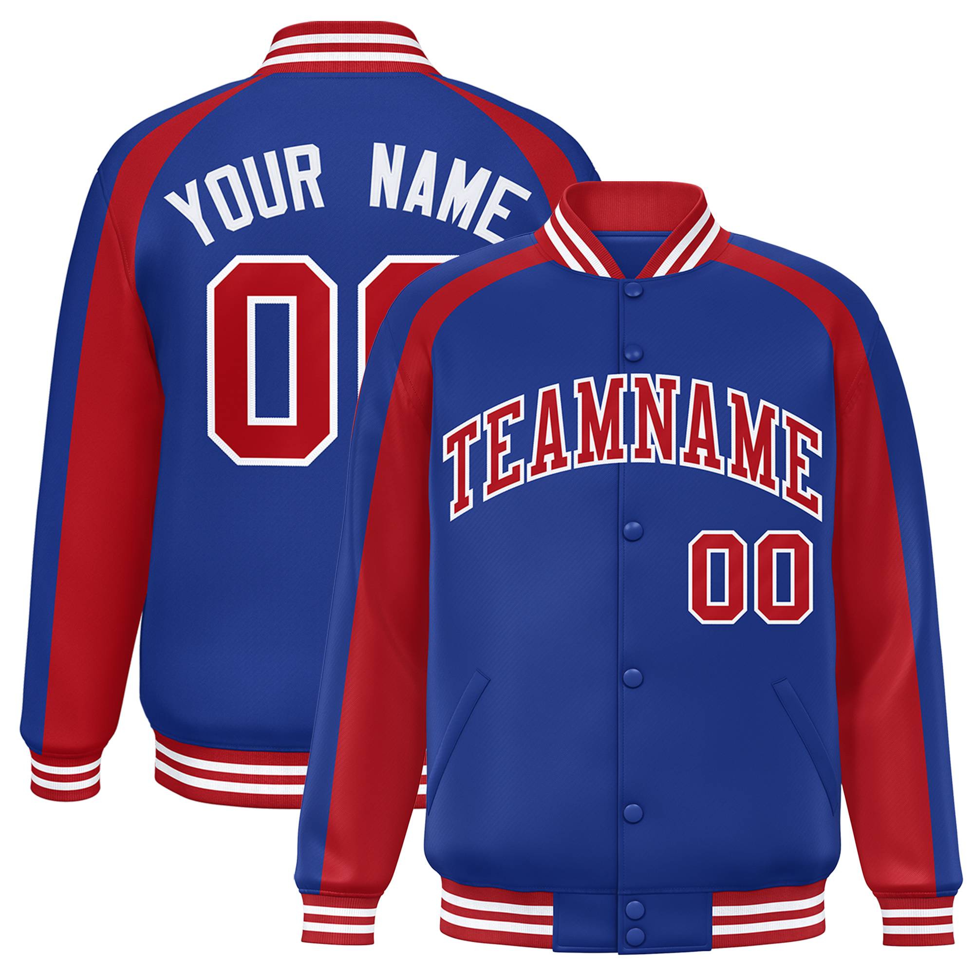 Custom Royal Red Varsity Full-Snap Color Block Personalized Raglan Sleeves Letterman Jacket