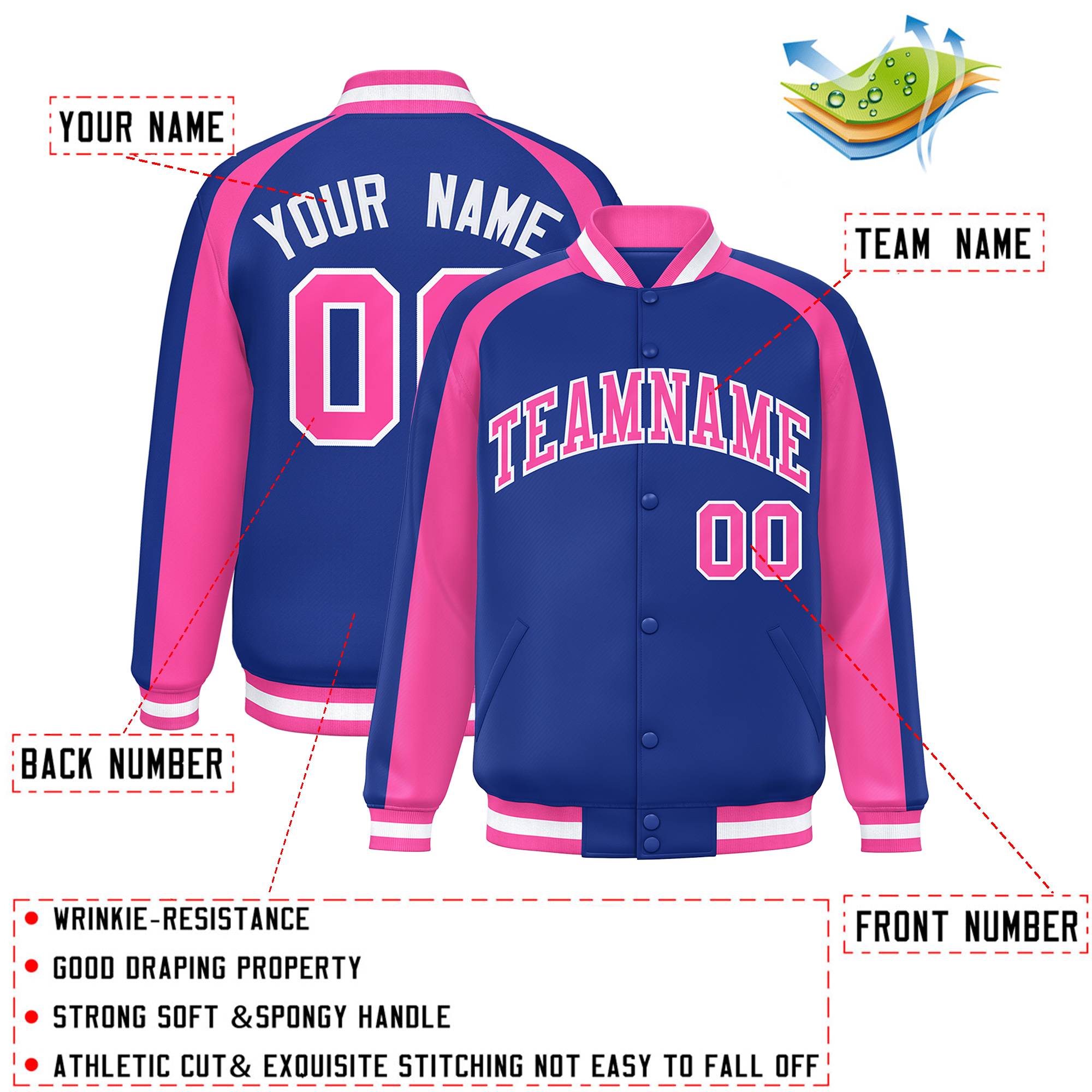 Custom Royal Pink Varsity Full-Snap Color Block Personalized Raglan Sleeves Letterman Jacket