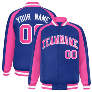 Custom Royal Pink Varsity Full-Snap Color Block Personalized Raglan Sleeves Letterman Jacket