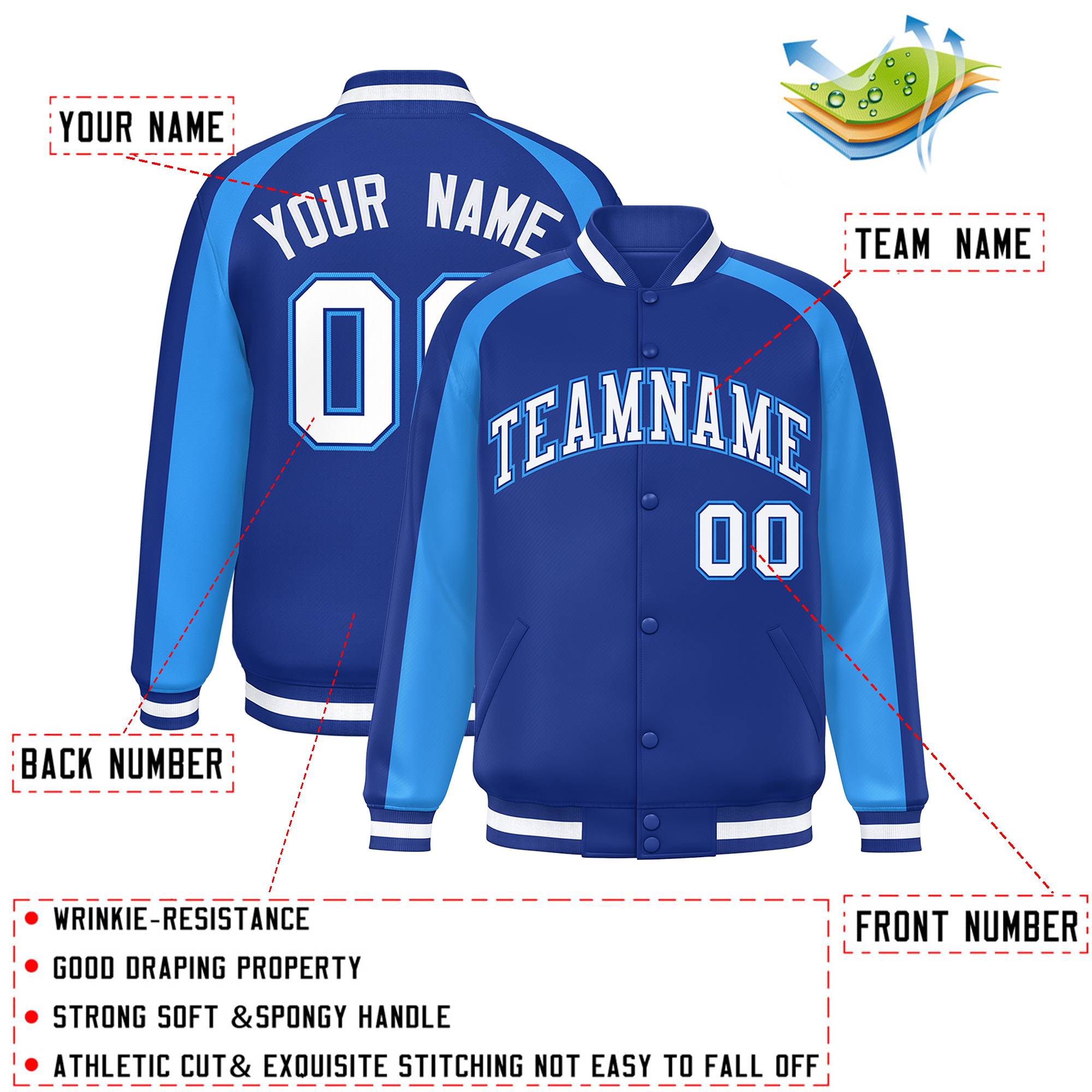 Custom Royal Powder Blue Varsity Full-Snap Color Block Personalized Raglan Sleeves Letterman Jacket