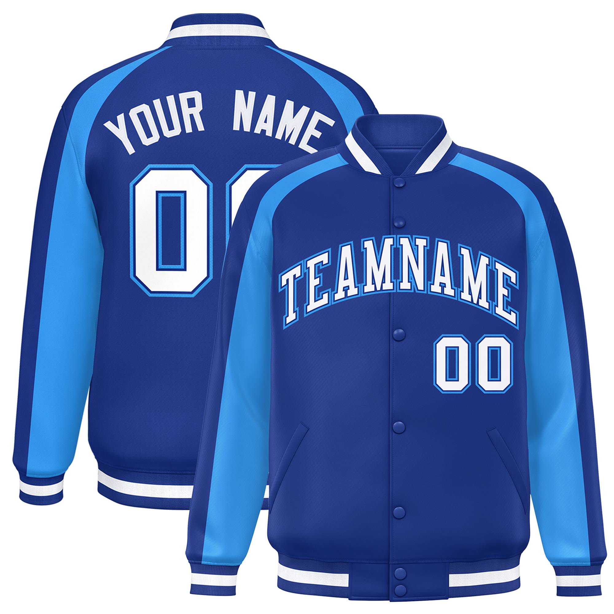 Custom Royal Powder Blue Varsity Full-Snap Color Block Personalized Raglan Sleeves Letterman Jacket