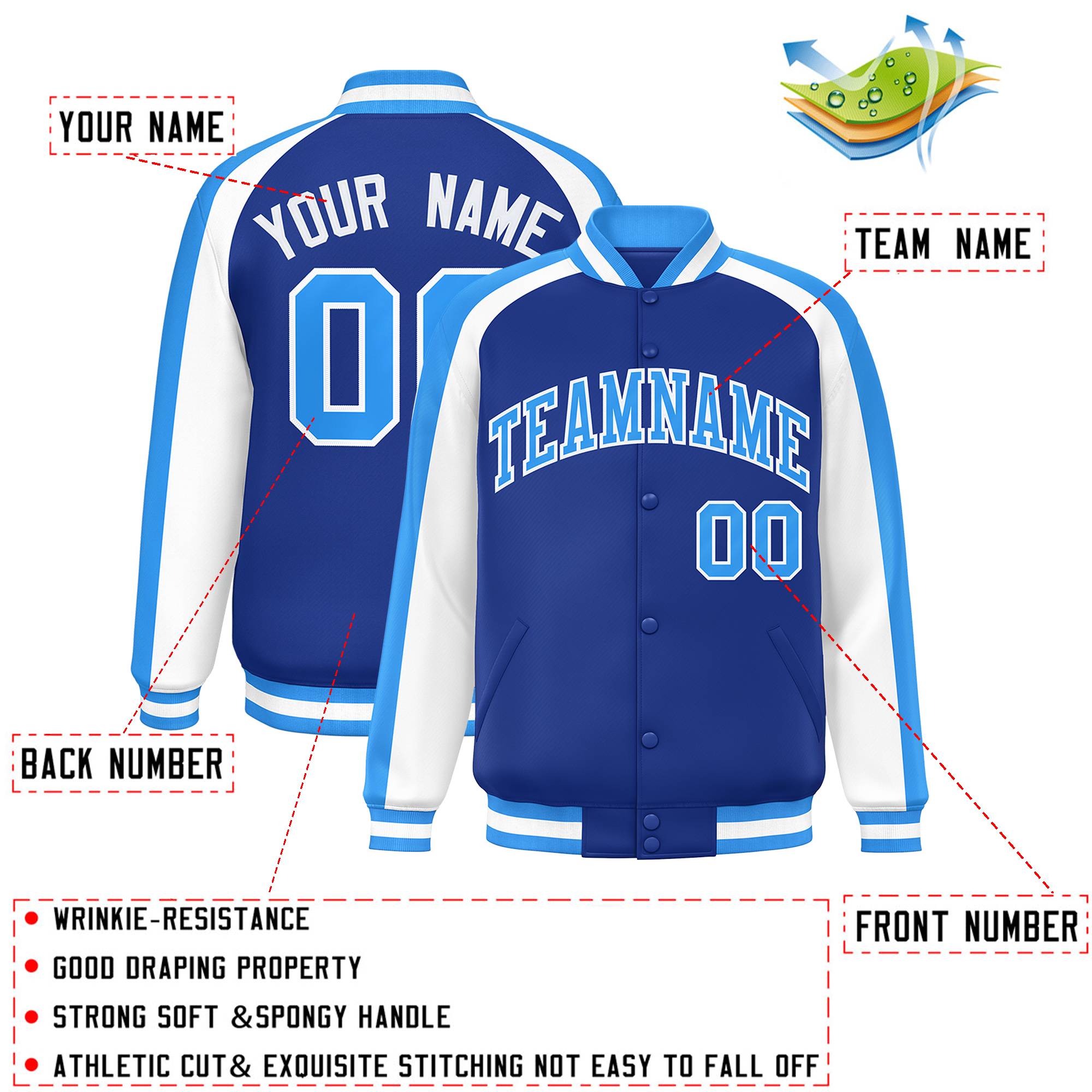 Custom Royal White Varsity Full-Snap Color Block Personalized Raglan Sleeves Letterman Jacket