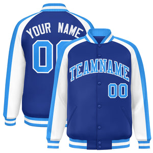 Custom Royal White Varsity Full-Snap Color Block Personalized Raglan Sleeves Letterman Jacket