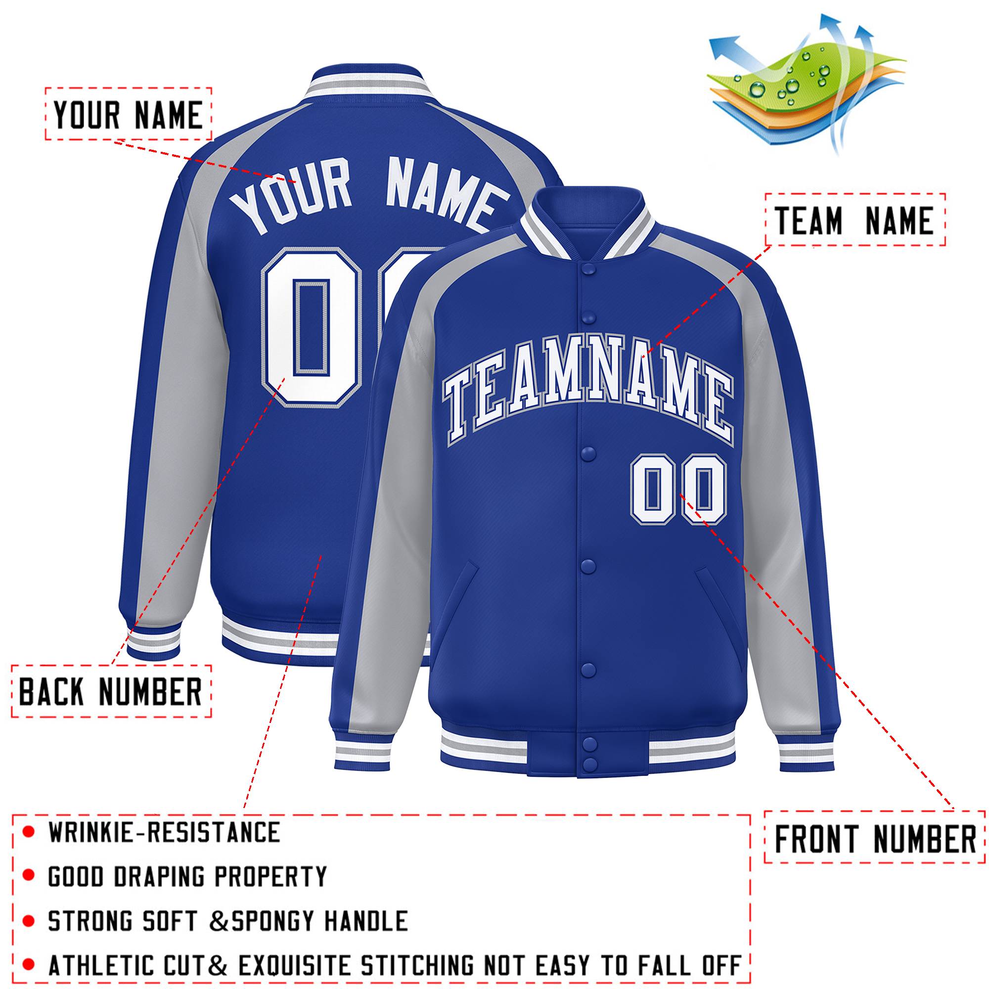 Custom Royal Gray Varsity Full-Snap Color Block Personalized Raglan Sleeves Letterman Jacket