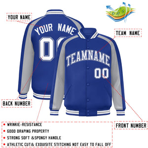 Custom Royal Gray Varsity Full-Snap Color Block Personalized Raglan Sleeves Letterman Jacket