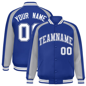 Custom Royal Gray Varsity Full-Snap Color Block Personalized Raglan Sleeves Letterman Jacket