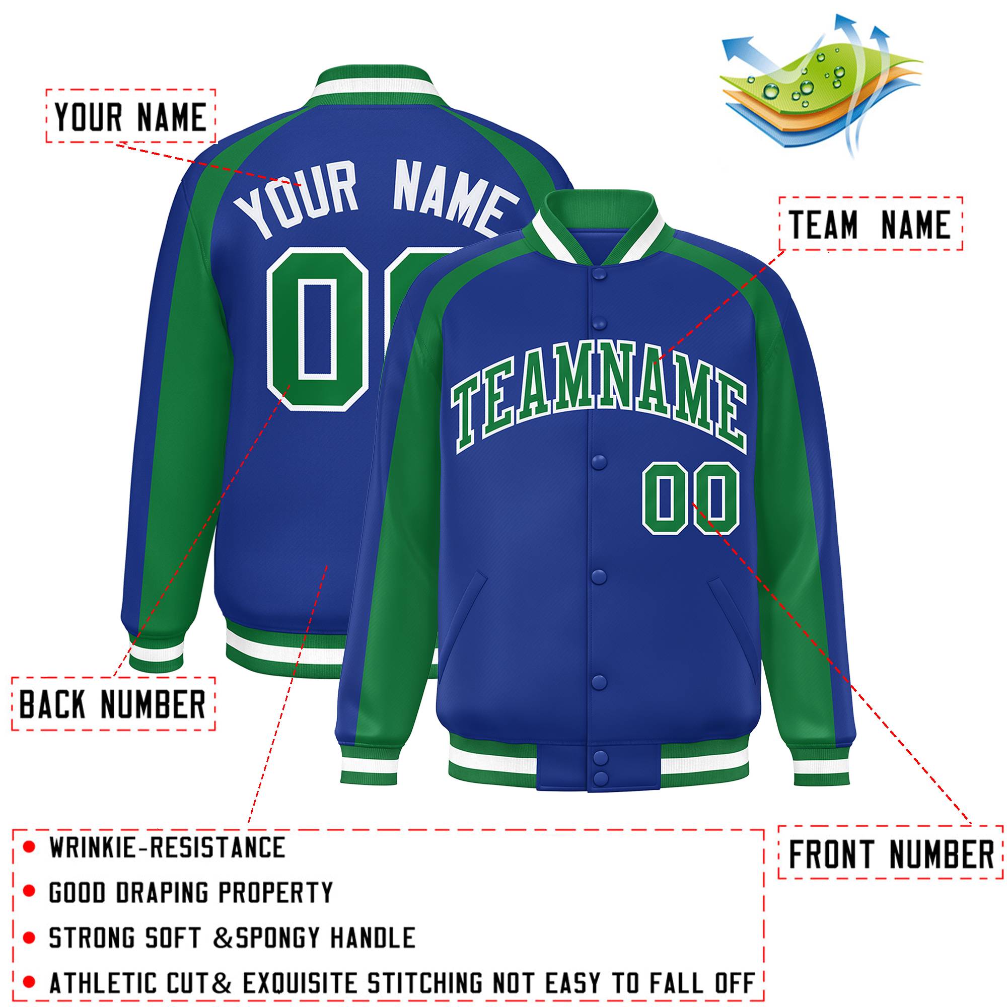 Custom Royal Kelly Green Varsity Full-Snap Color Block Personalized Raglan Sleeves Letterman Jacket