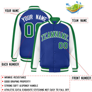 Custom Royal White Varsity Full-Snap Color Block Personalized Raglan Sleeves Letterman Jacket