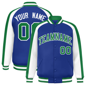 Custom Royal White Varsity Full-Snap Color Block Personalized Raglan Sleeves Letterman Jacket