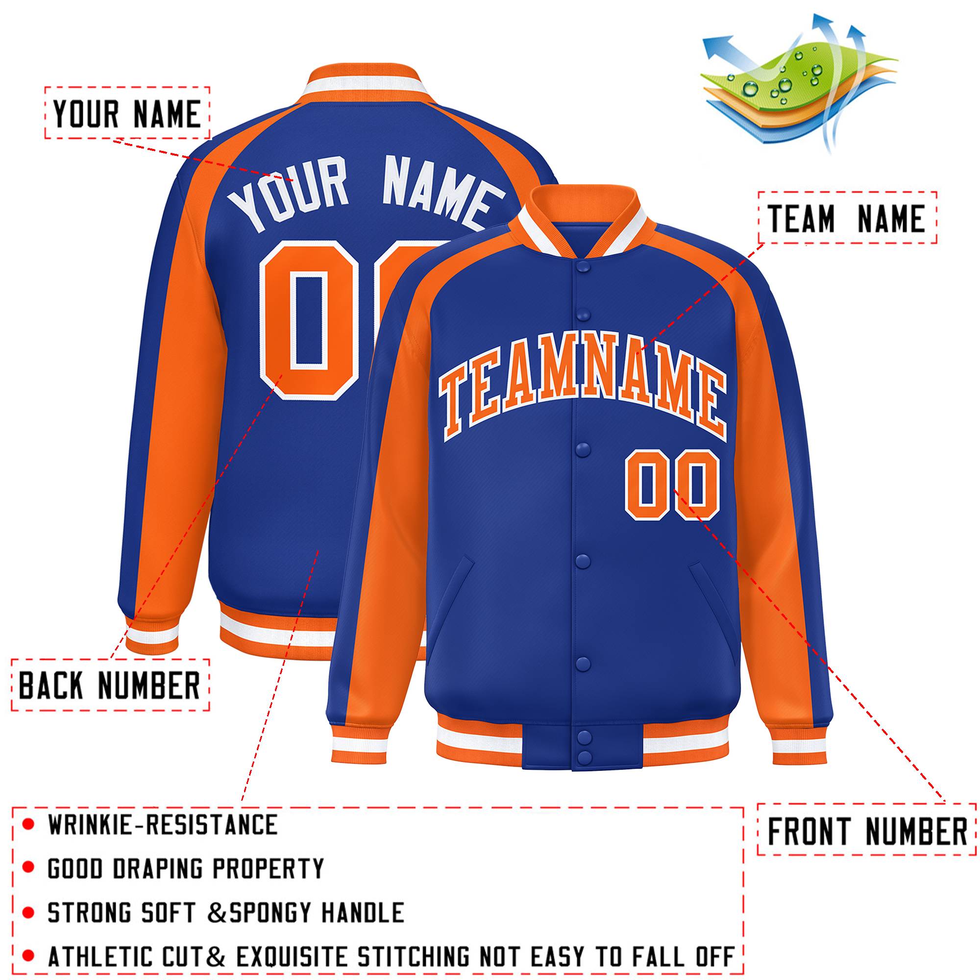 Custom Royal Orange Varsity Full-Snap Color Block Personalized Raglan Sleeves Letterman Jacket