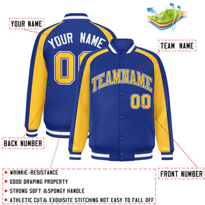 Custom Royal Gold Varsity Full-Snap Color Block Personalized Raglan Sleeves Letterman Jacket