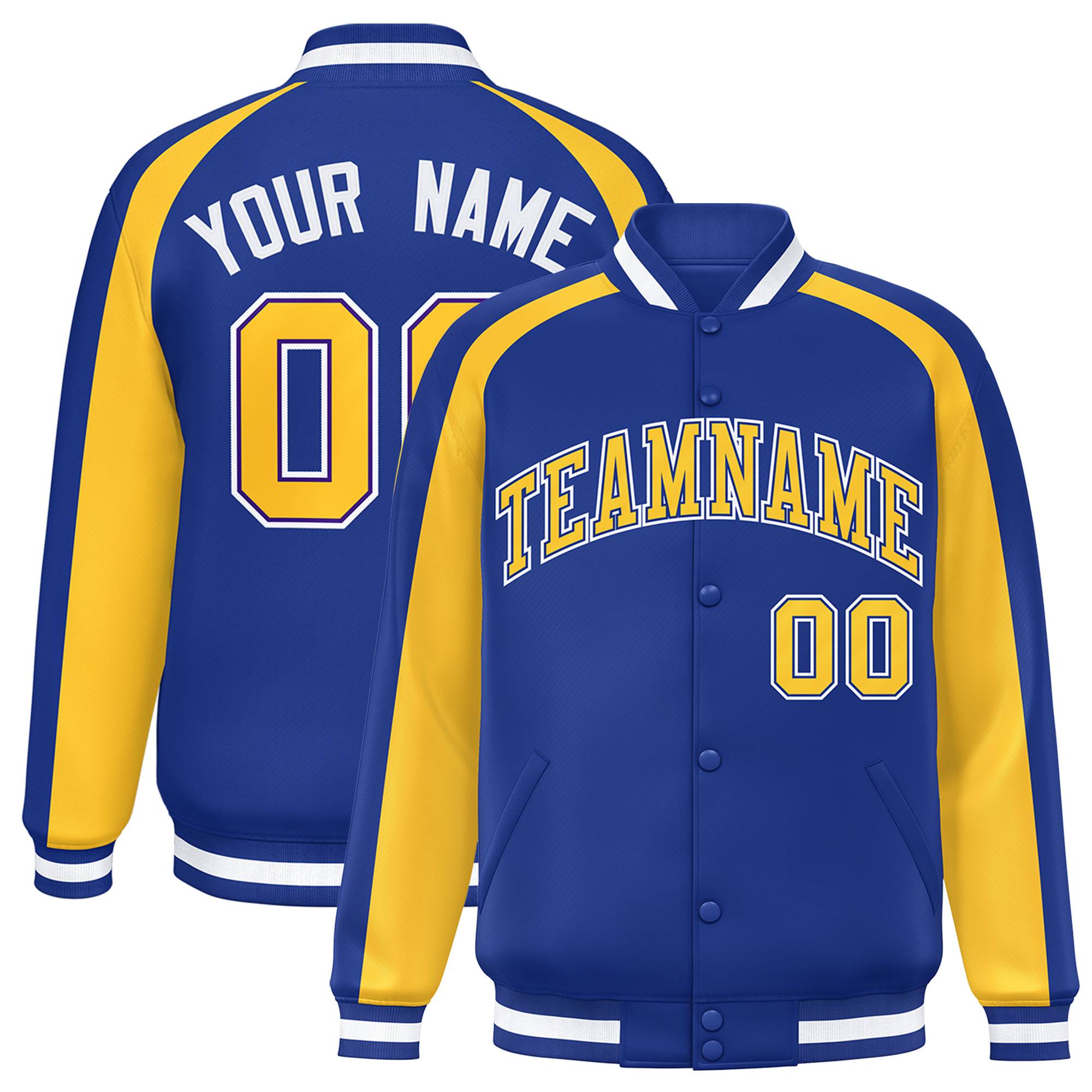 Custom Royal Gold Varsity Full-Snap Color Block Personalized Raglan Sleeves Letterman Jacket