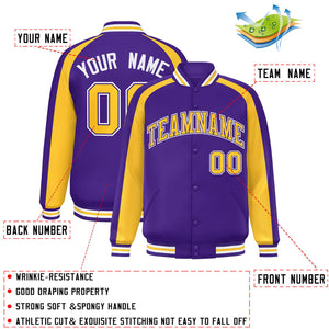 Custom Purple Gold Varsity Full-Snap Color Block Personalized Raglan Sleeves Letterman Jacket