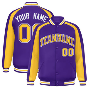 Custom Purple Gold Varsity Full-Snap Color Block Personalized Raglan Sleeves Letterman Jacket