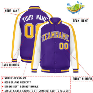 Custom Purple White Varsity Full-Snap Color Block Personalized Raglan Sleeves Letterman Jacket