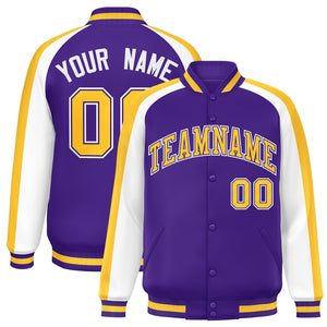 Custom Purple White Varsity Full-Snap Color Block Personalized Raglan Sleeves Letterman Jacket