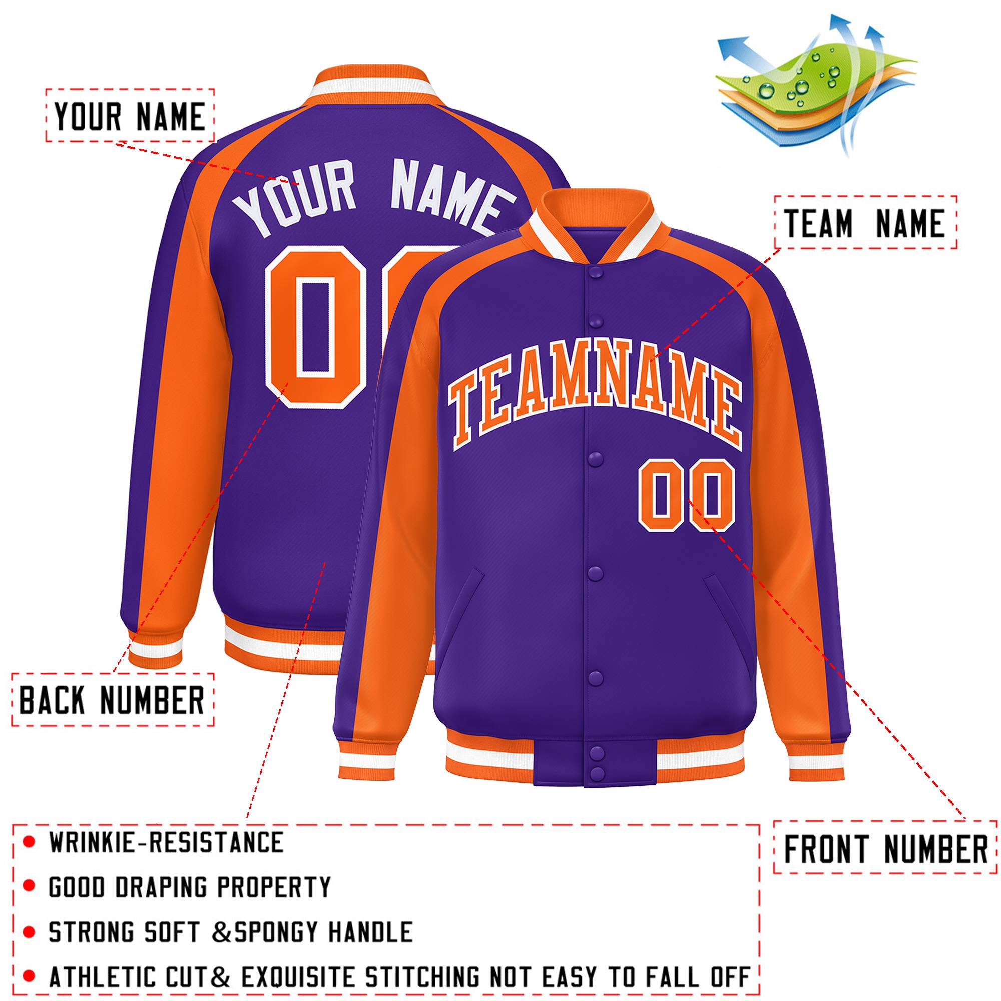 Custom Purple Orange Varsity Full-Snap Color Block Personalized Raglan Sleeves Letterman Jacket