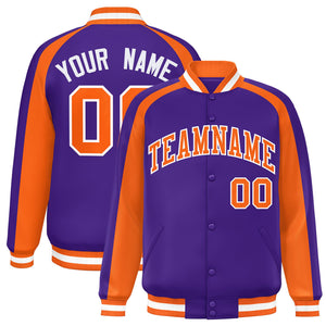 Custom Purple Orange Varsity Full-Snap Color Block Personalized Raglan Sleeves Letterman Jacket