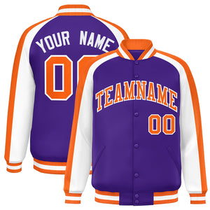 Custom Purple White Varsity Full-Snap Color Block Personalized Raglan Sleeves Letterman Jacket