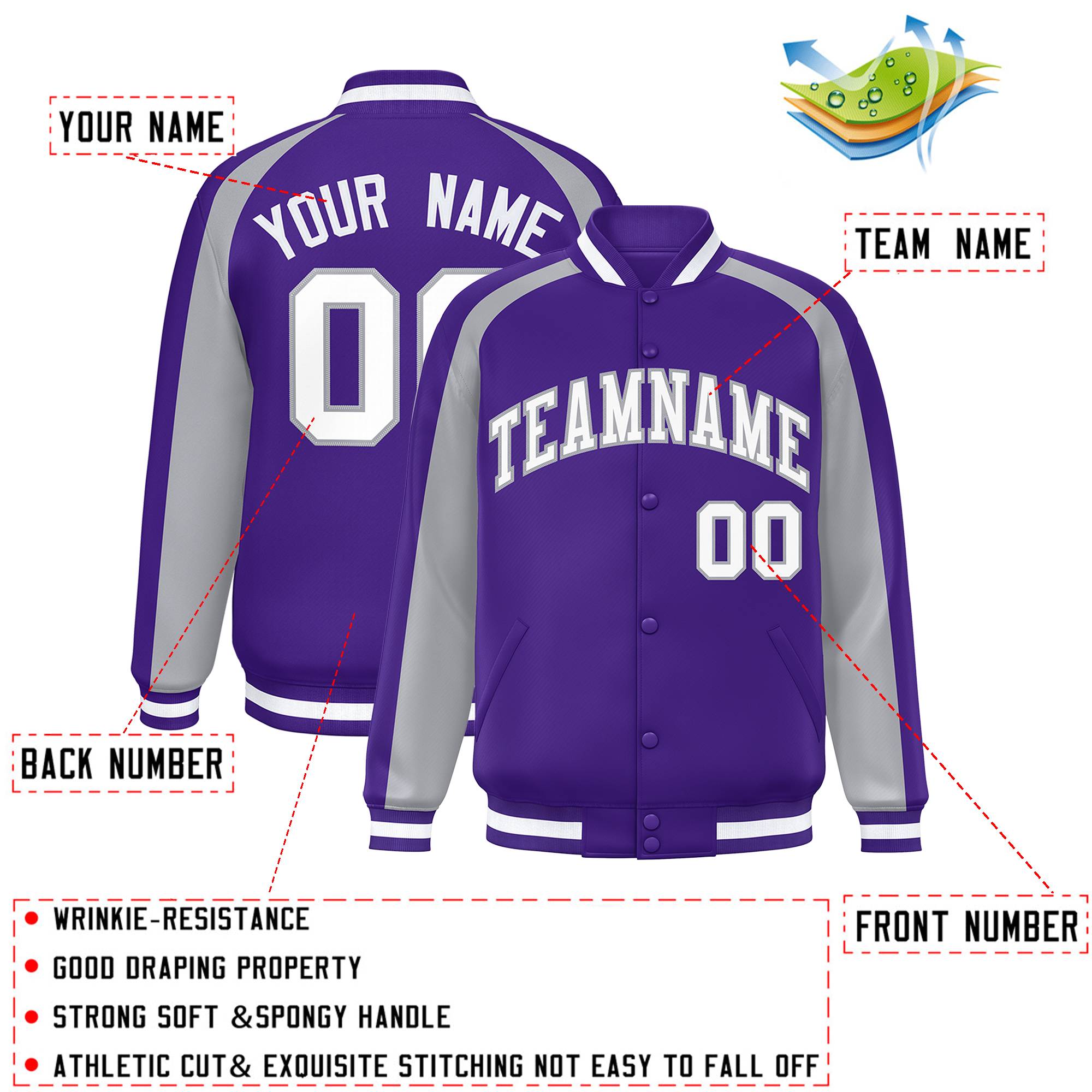 Custom Purple Gray Varsity Full-Snap Color Block Personalized Raglan Sleeves Letterman Jacket