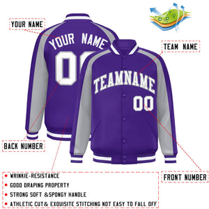 Custom Purple Gray Varsity Full-Snap Color Block Personalized Raglan Sleeves Letterman Jacket