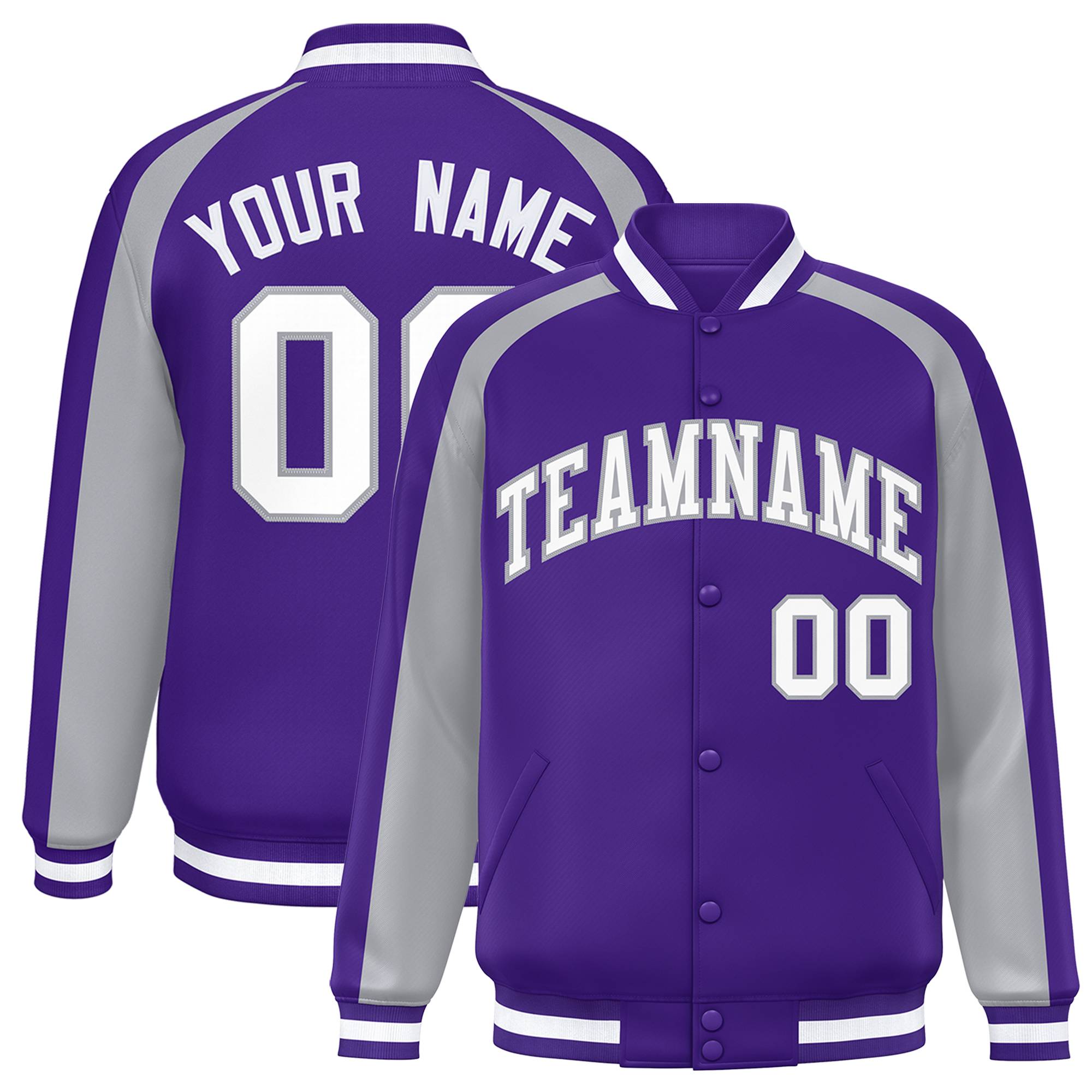 Custom Purple Gray Varsity Full-Snap Color Block Personalized Raglan Sleeves Letterman Jacket