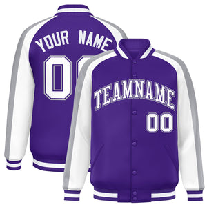 Custom Purple White Varsity Full-Snap Color Block Personalized Raglan Sleeves Letterman Jacket