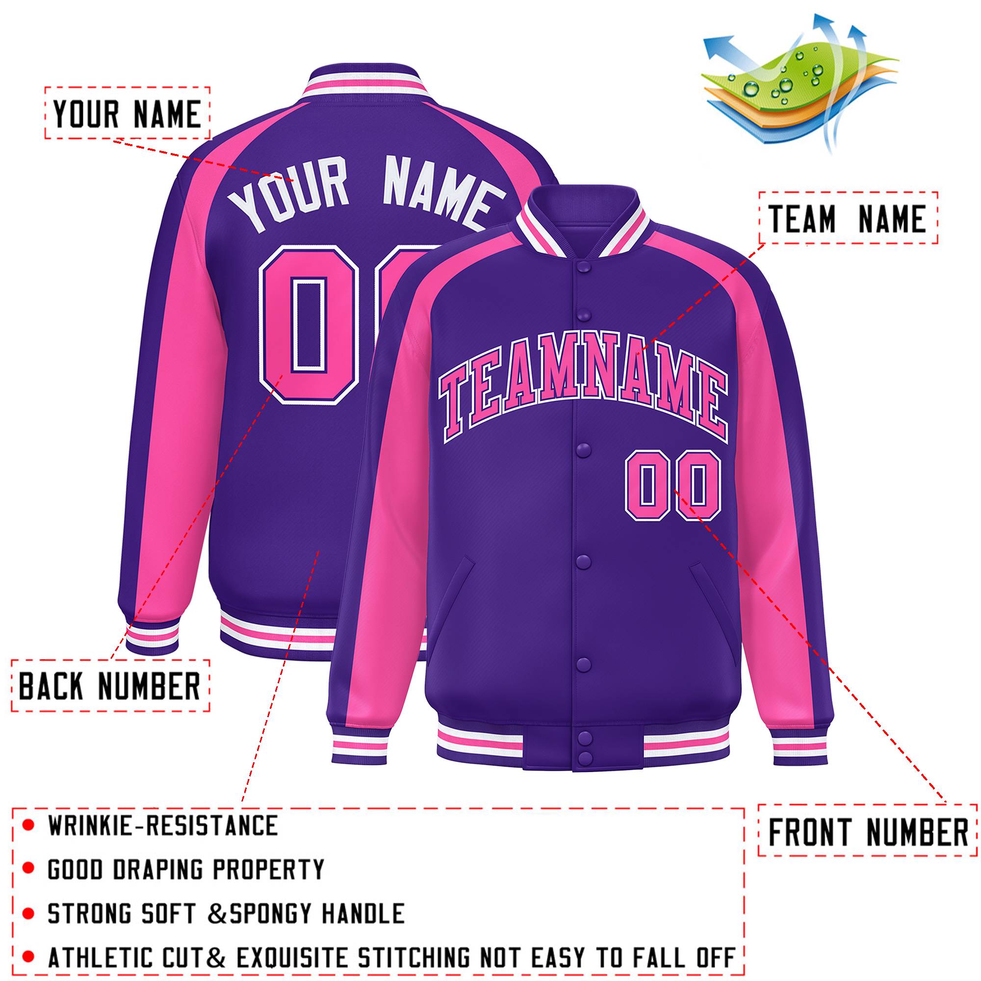 Custom Purple Pink Varsity Full-Snap Color Block Personalized Raglan Sleeves Letterman Jacket