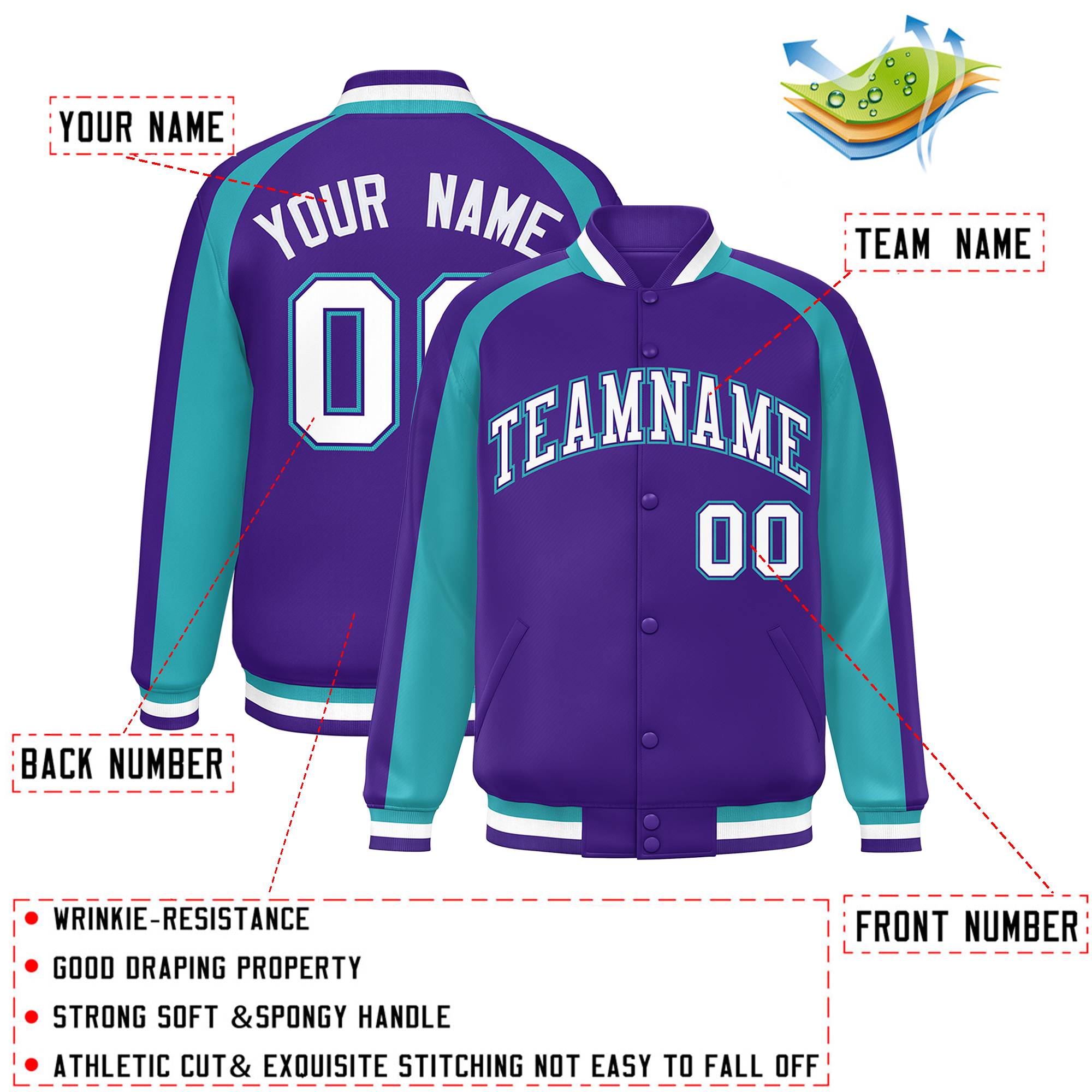 Custom Purple Aqua Varsity Full-Snap Color Block Personalized Raglan Sleeves Letterman Jacket