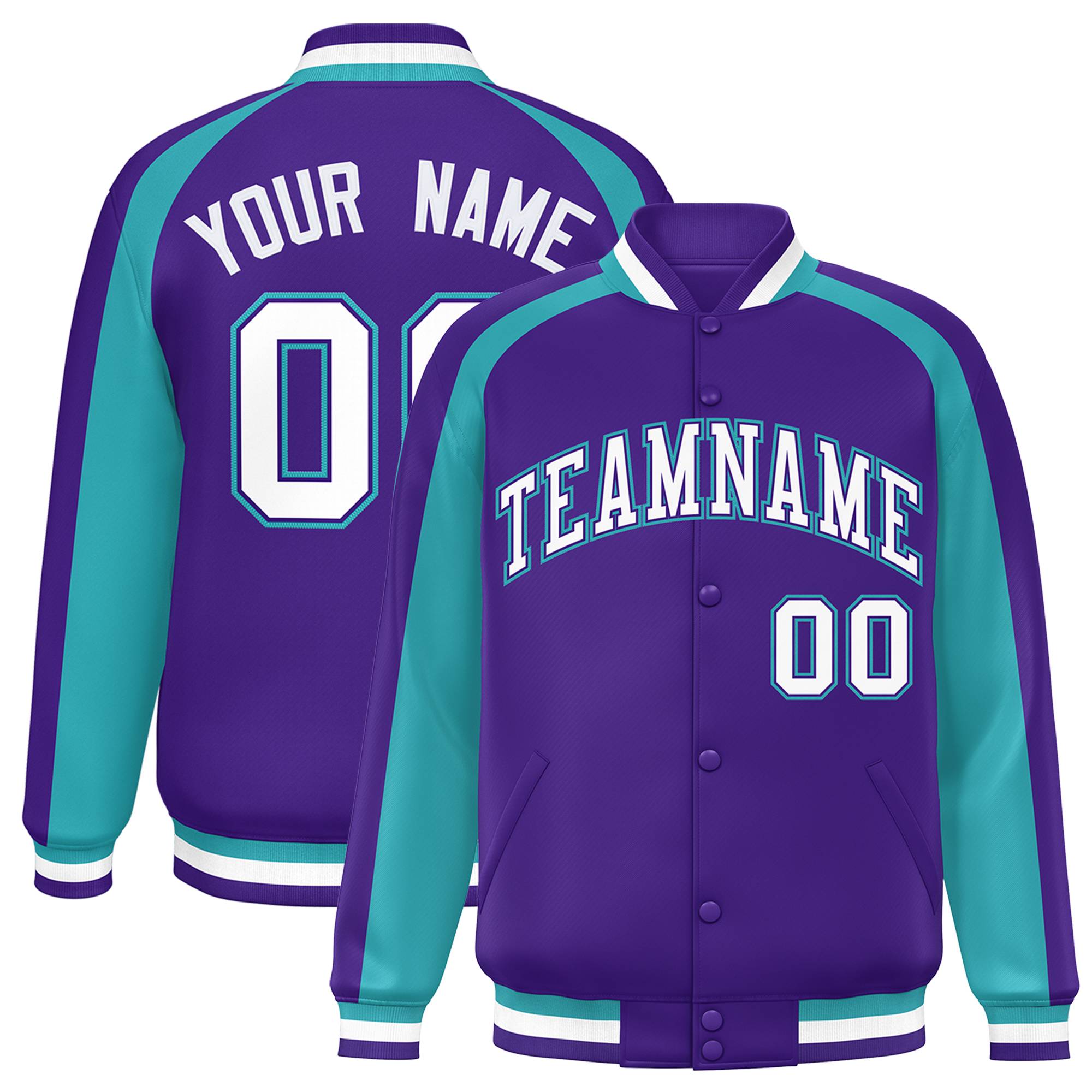 Custom Purple Aqua Varsity Full-Snap Color Block Personalized Raglan Sleeves Letterman Jacket