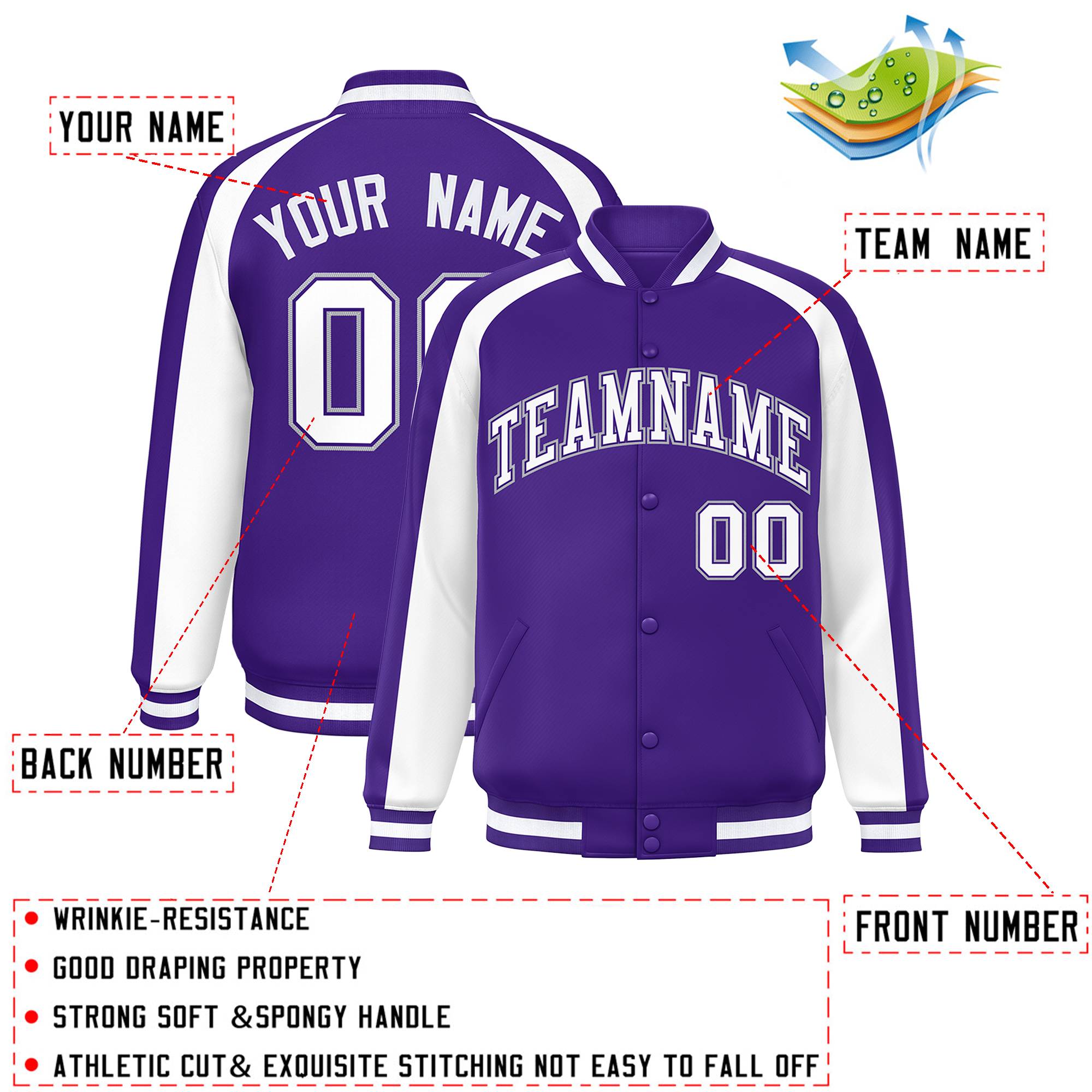 Custom Purple White Varsity Full-Snap Color Block Personalized Raglan Sleeves Letterman Jacket