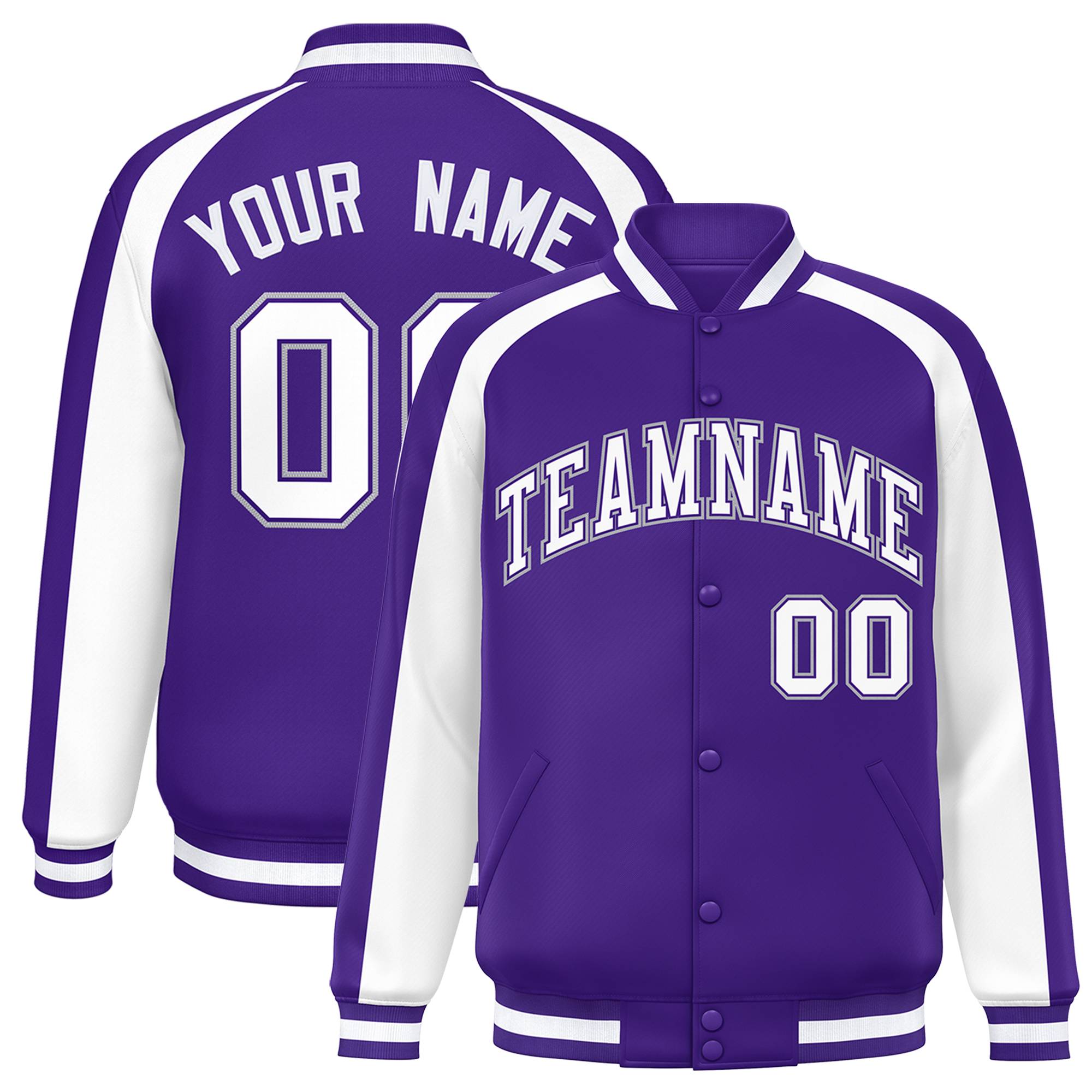 Custom Purple White Varsity Full-Snap Color Block Personalized Raglan Sleeves Letterman Jacket