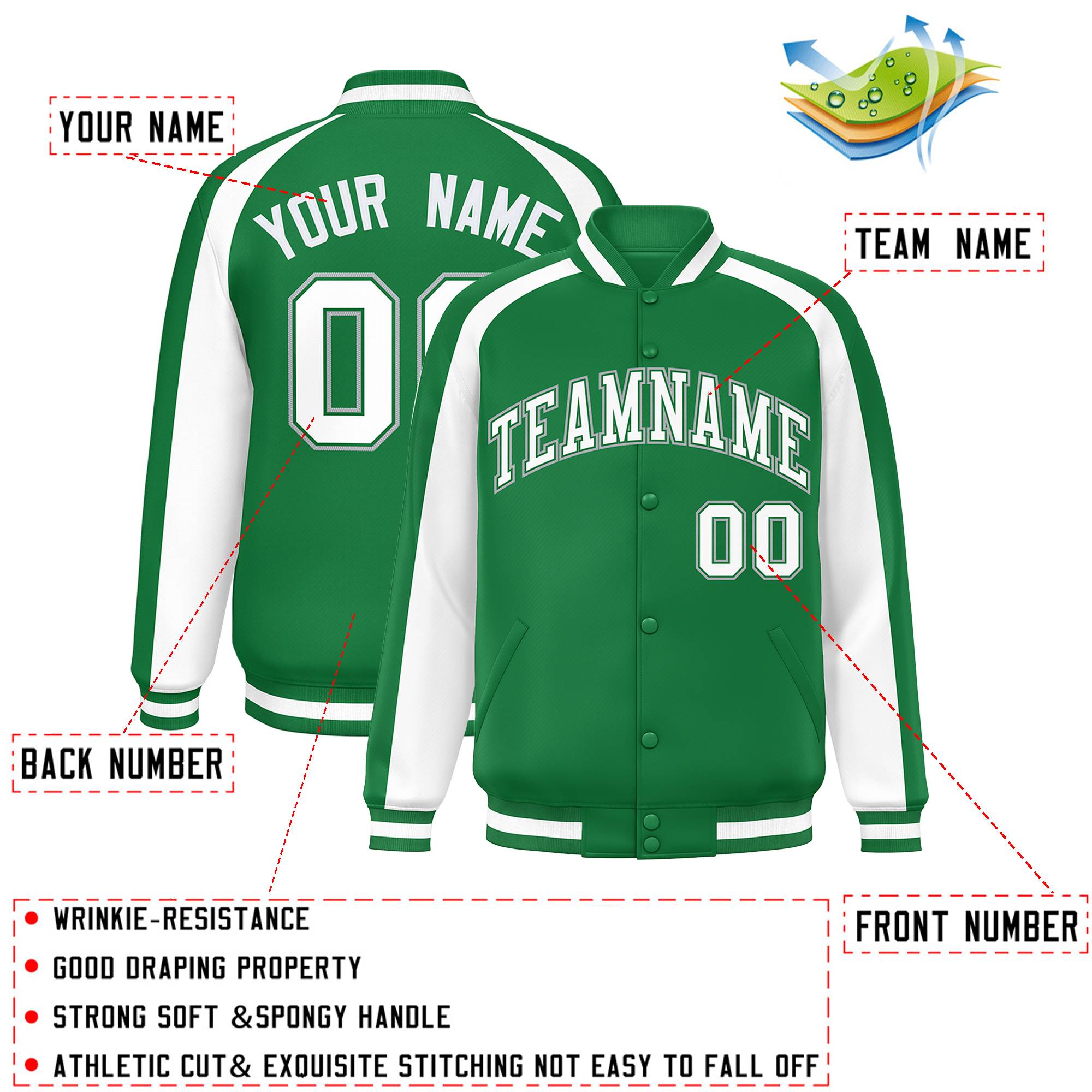 Custom Kelly Green White Varsity Full-Snap Color Block Personalized Raglan Sleeves Letterman Jacket