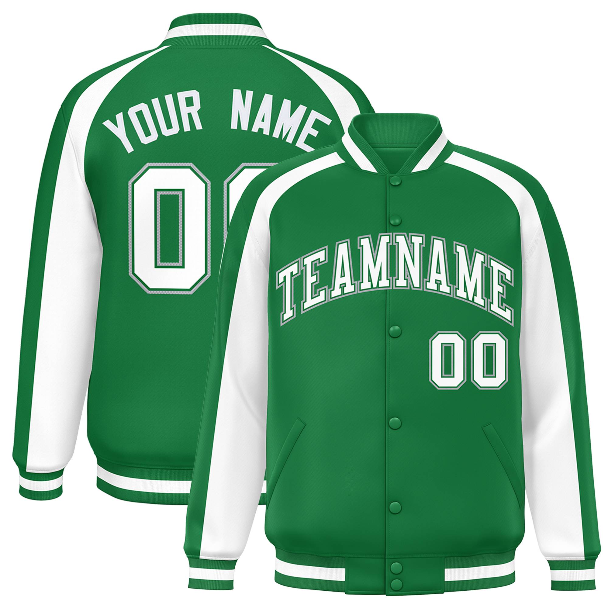 Custom Kelly Green White Varsity Full-Snap Color Block Personalized Raglan Sleeves Letterman Jacket