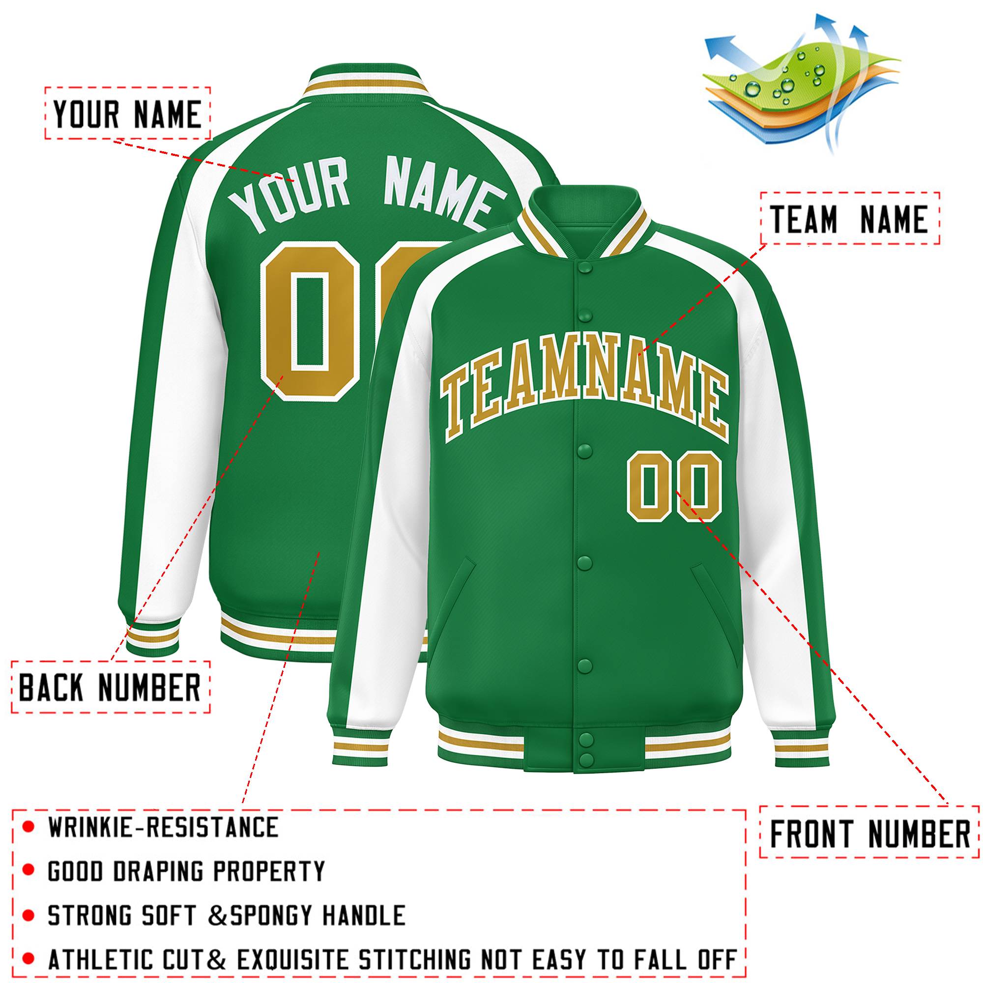 Custom Kelly Green White Varsity Full-Snap Color Block Personalized Raglan Sleeves Letterman Jacket