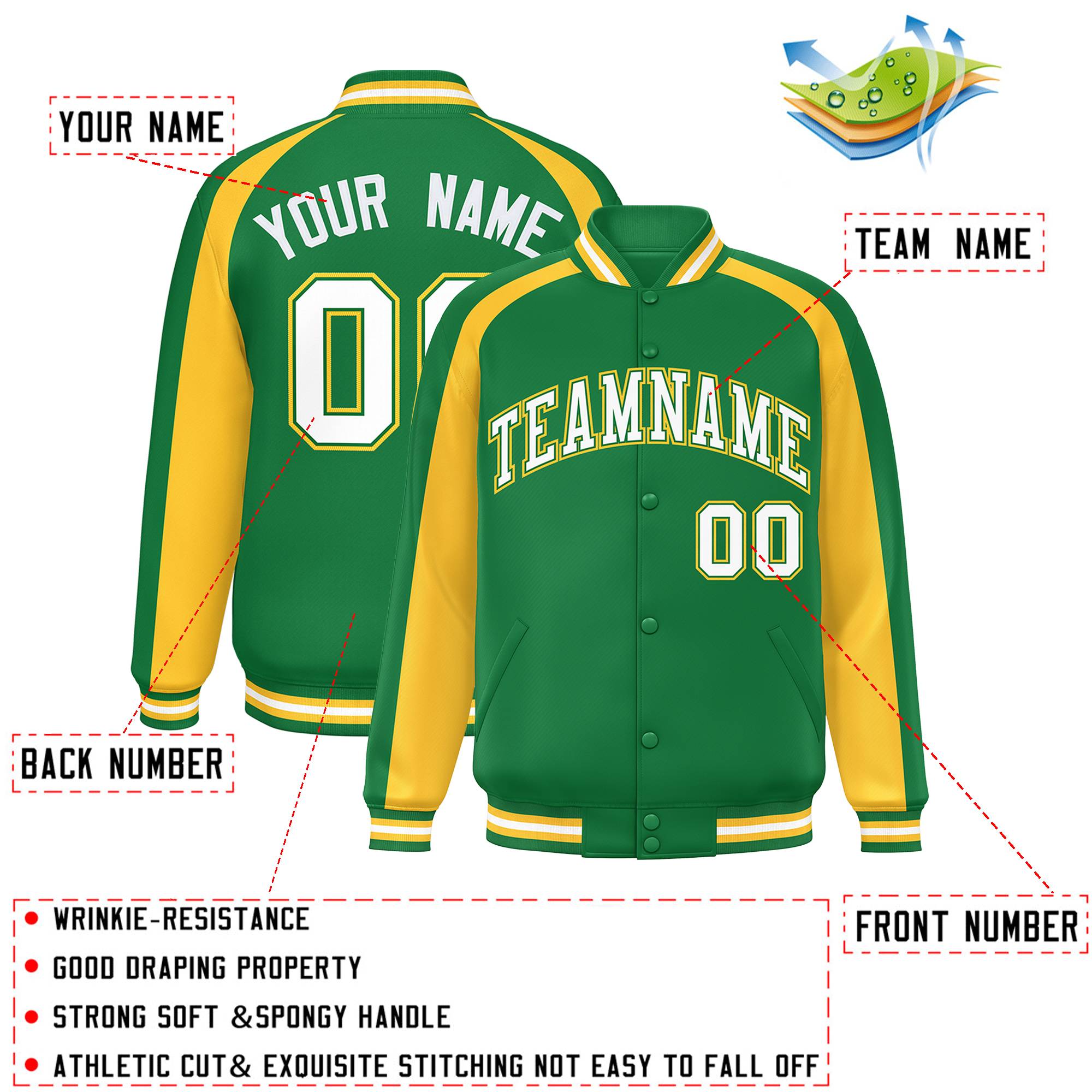 Custom Kelly Green Gold Varsity Full-Snap Color Block Personalized Raglan Sleeves Letterman Jacket