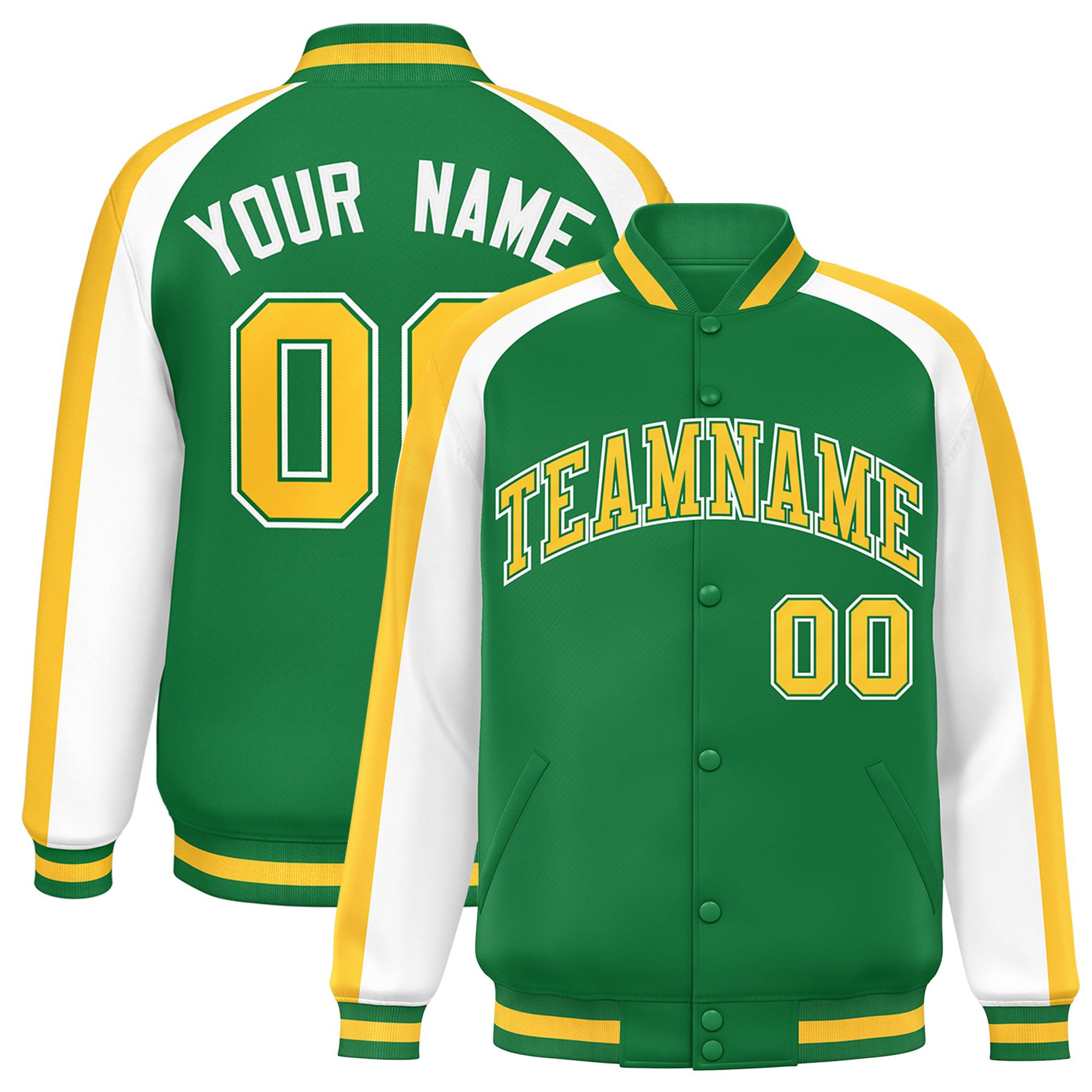 Custom Kelly Green White Varsity Full-Snap Color Block Personalized Raglan Sleeves Letterman Jacket