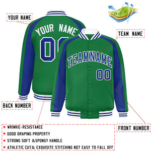 Custom Kelly Green Royal Varsity Full-Snap Color Block Personalized Raglan Sleeves Letterman Jacket