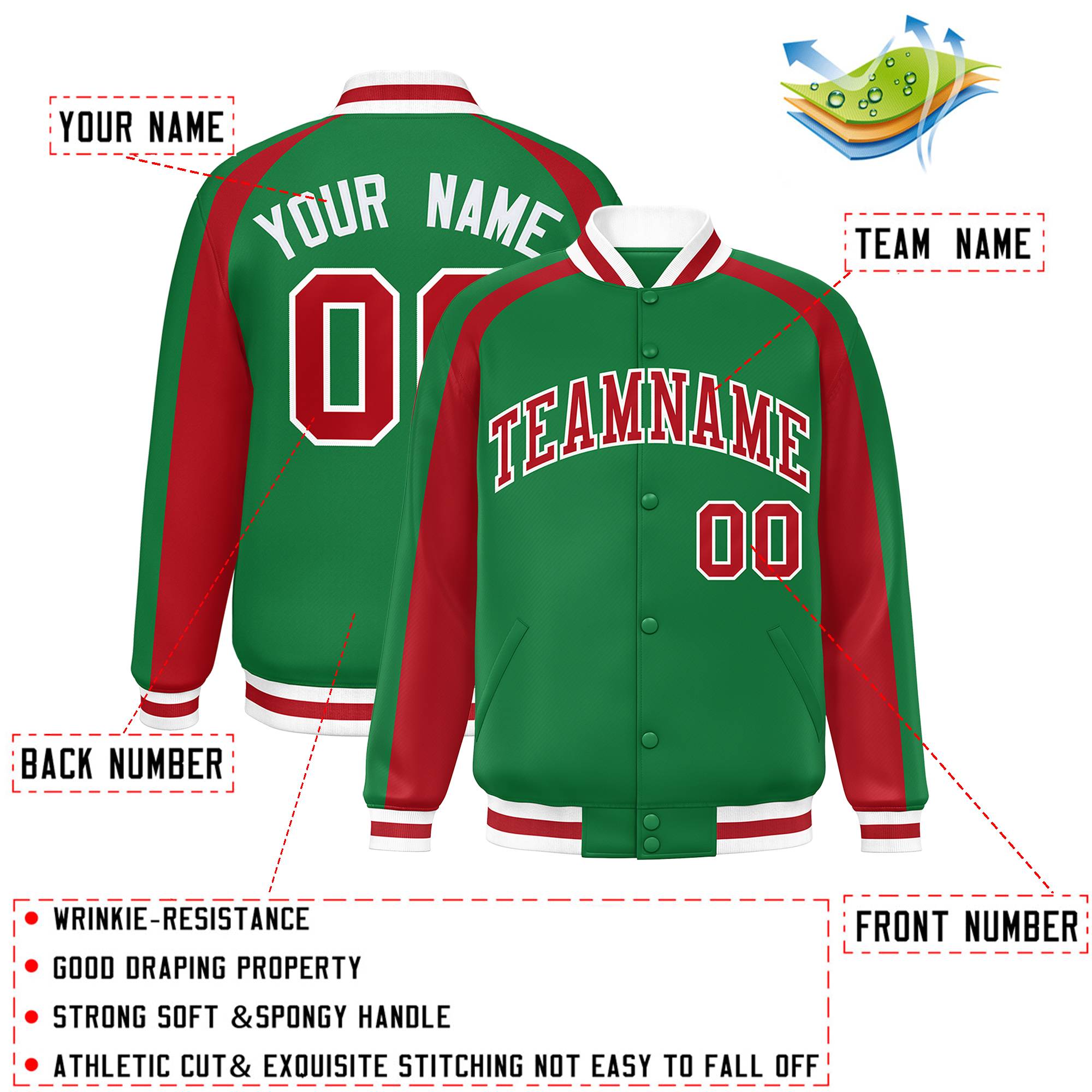 Custom Kelly Green Red Varsity Full-Snap Color Block Personalized Raglan Sleeves Letterman Jacket